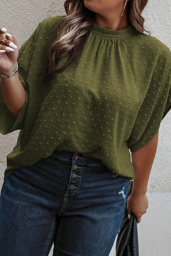 Moss Green Plus Size Swiss Dot Mock Neck Tied Nape Top