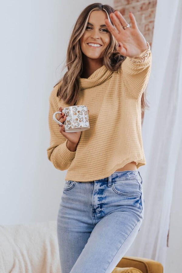 Apricot Solid Waffle Knit Turtleneck Long Sleeve Top