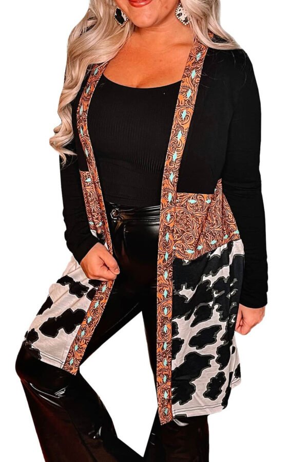 Black Western Pattern Cow Patchwork Open Front Cardigan