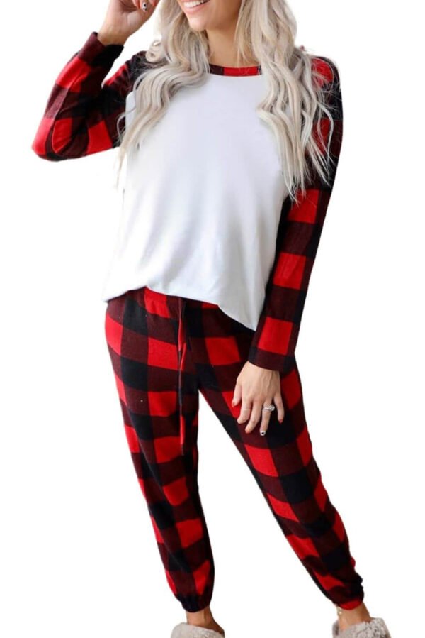 Red Plaid Raglan Sleeves Top and Drawstring Pants Lounge Set