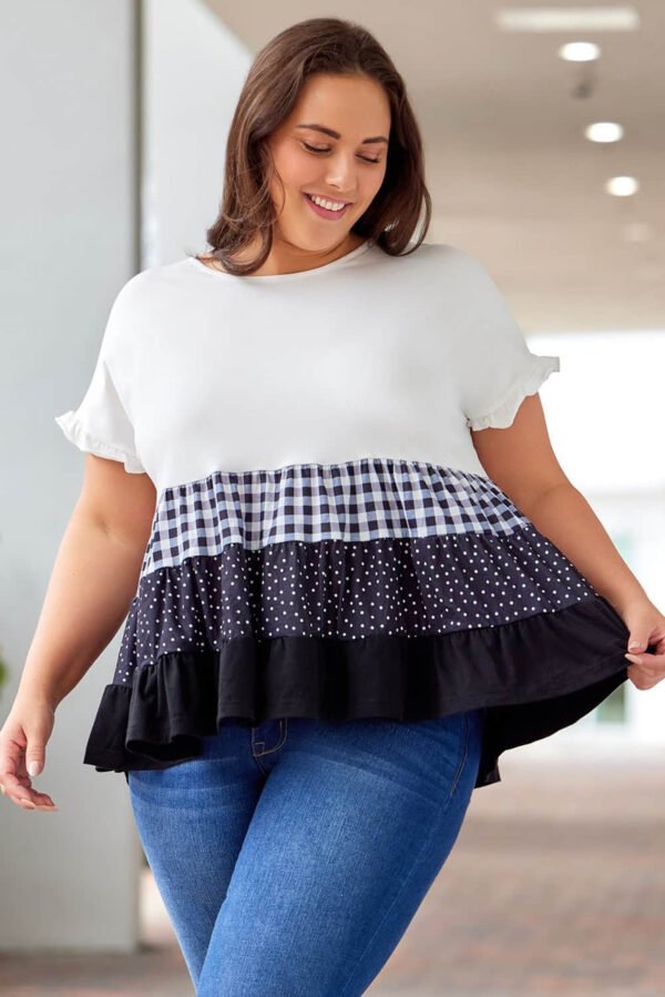 White Plaid Dot Ruffled Plus Size Babydoll Top