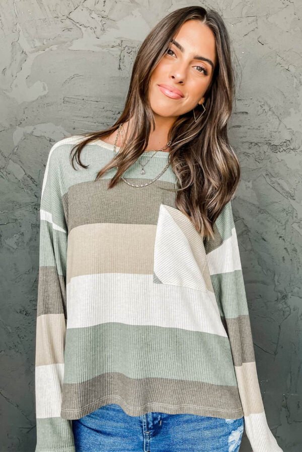 Green Color Block Ribbed Long Sleeve Top with Pocket
