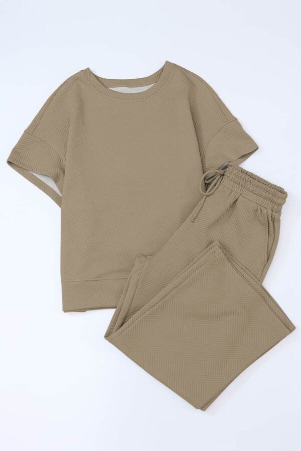 Apricot khaki Textured Loose Fit T Shirt and Drawstring Pants Set