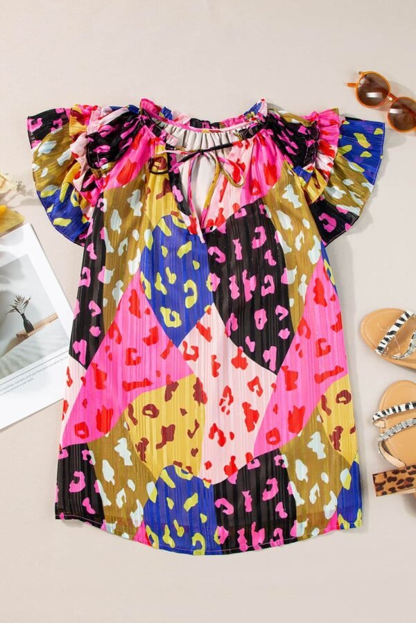 Rose Leopard Flutter Sleeve V Neck Crinkled Blouse