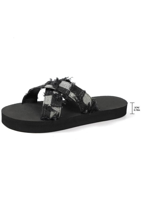 Black Colorblock Plaid Canvas Cross Strap Slippers