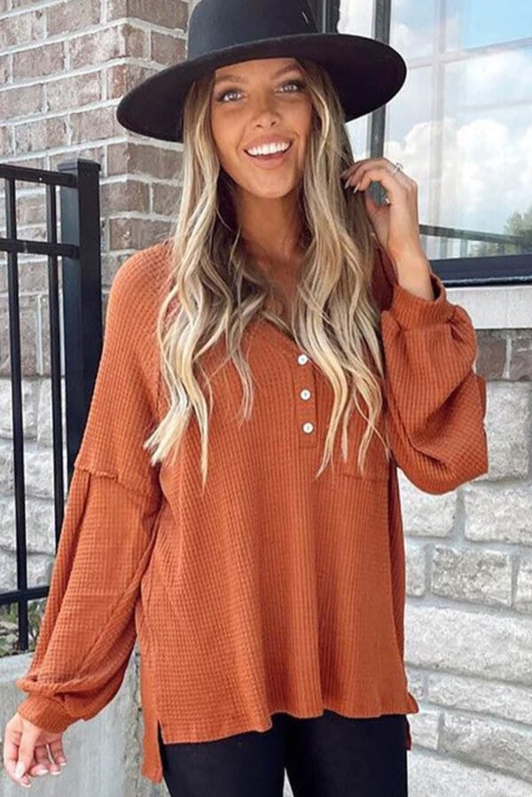 Orange Buttoned V Neck Drop Shoulder Waffle Knit Top