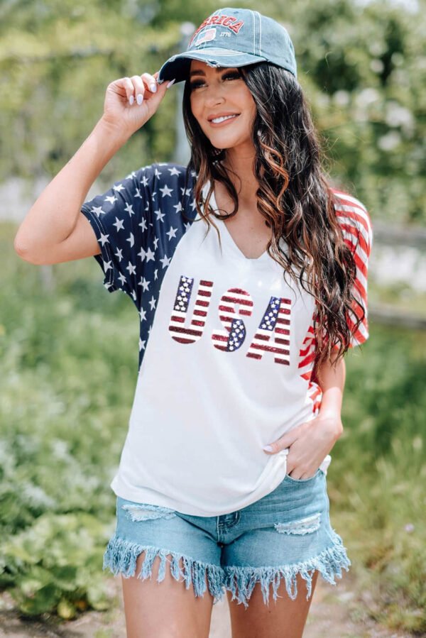 White USA Flag Sequin Patchwork Color Bock T Shirt