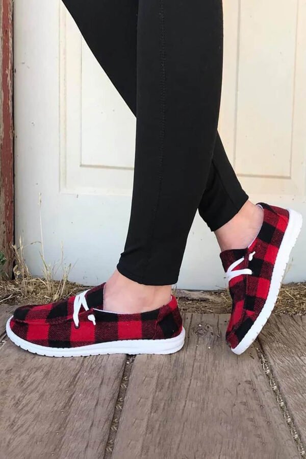 Red Vintage Plaid Lacing Decor Flat Shoes