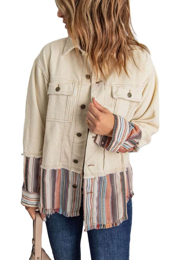 Button Up Pockets Striped Color Block Corduroy Jacket