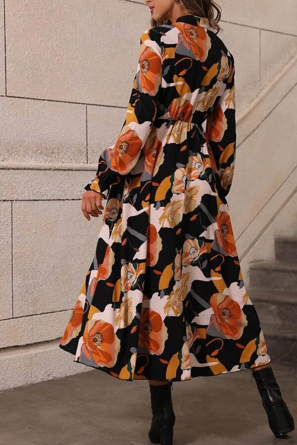 Orange Floral Print Tie Neck Long Sleeve Dress