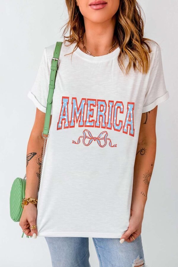 White AMERICA Bow Knot Print Crew Neck Casual Tee