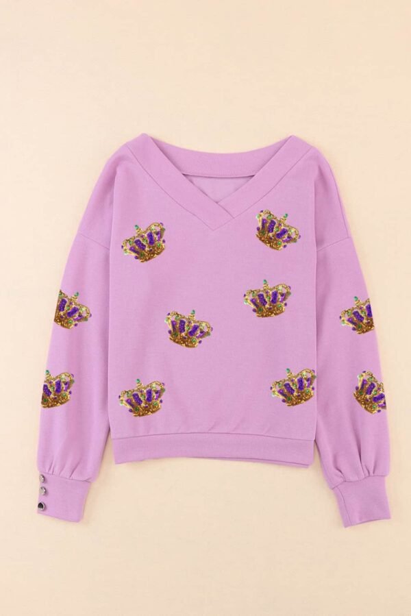 Purple Mardi Gras Sequin Crown V Neck Pullover