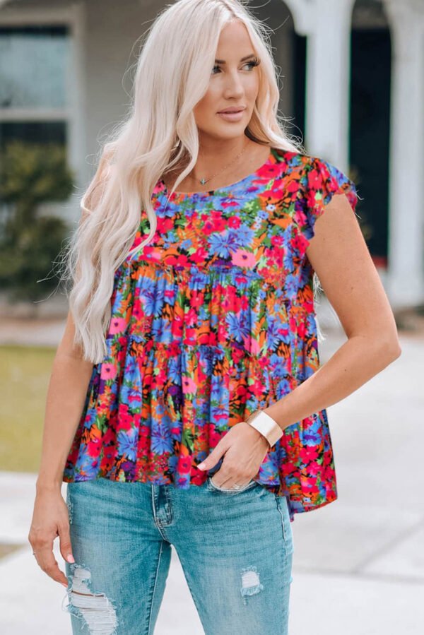 Multicolor Floral Print Ruffle Tiered Short Sleeve Babydoll Top