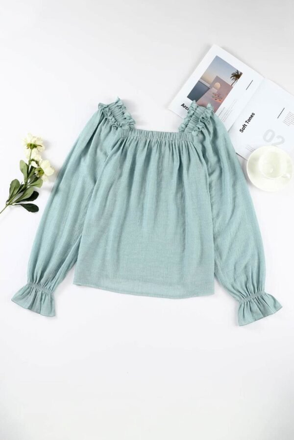 Green Ruffled Square Neck Cuffs Long Sleeve Blouse