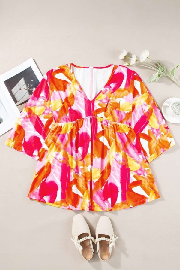 Orange Abstract Print 3/4 Sleeve V Neck Ruffled Babydoll Blouse