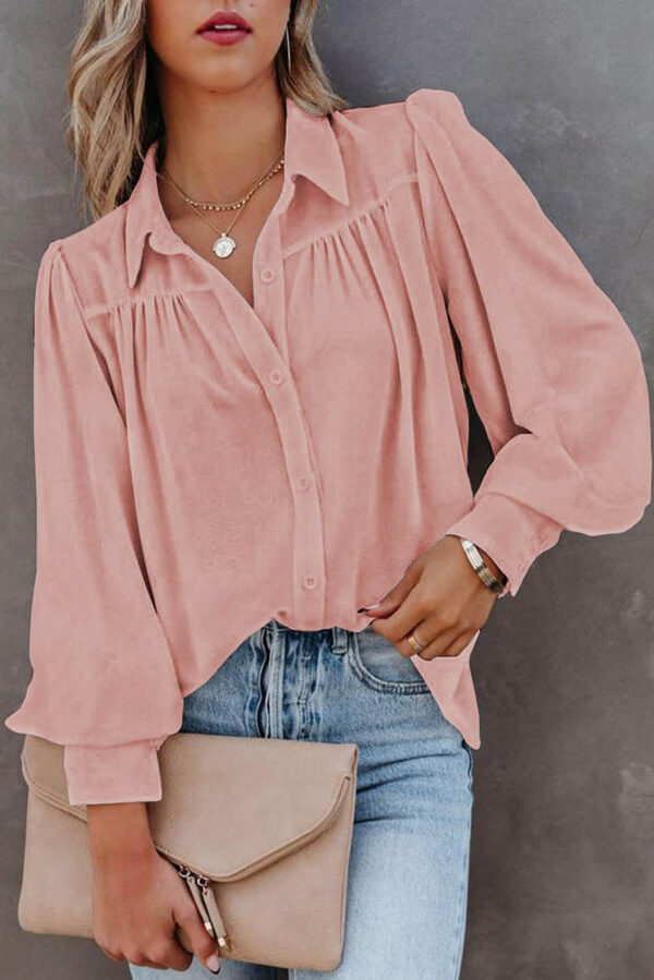 Pink Solid Button-up Loose Long Sleeve Shirt