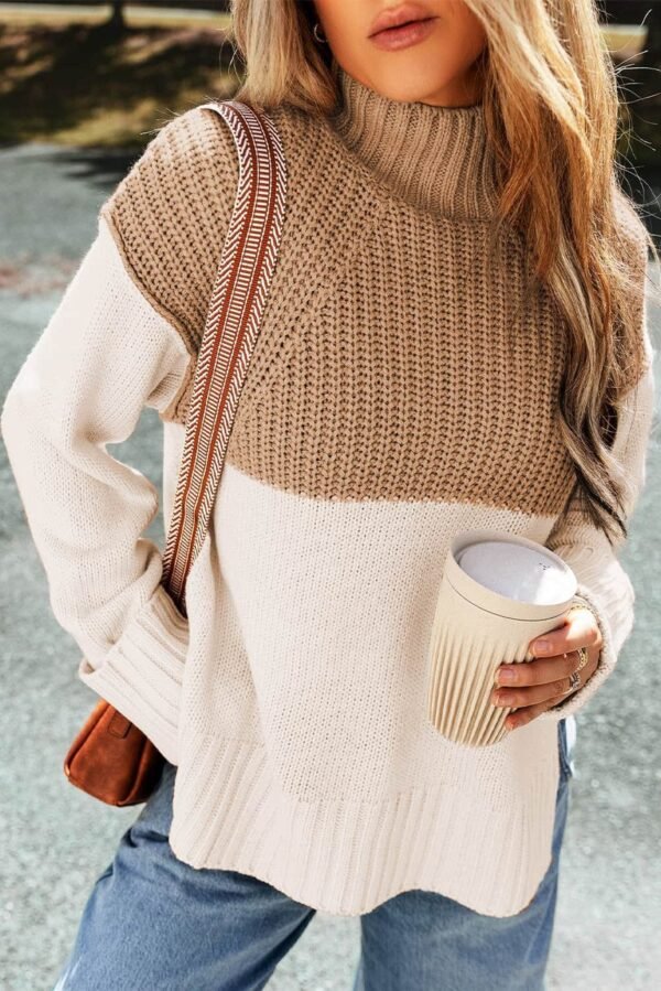 Parchment Cable Knit Color Block Side Splits High Neck Sweater