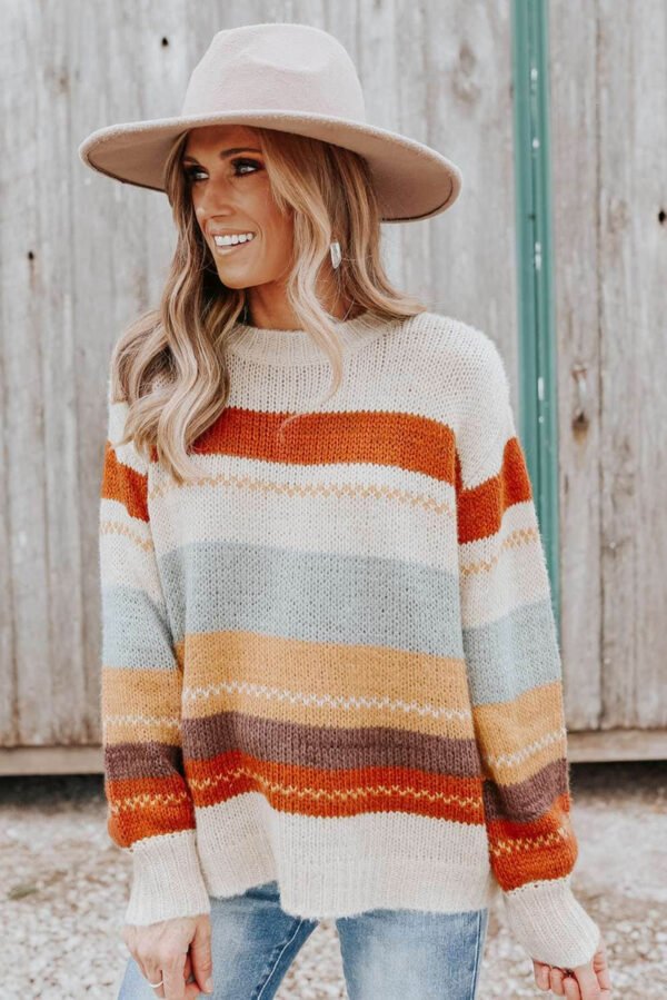 Crew Neck Drop-shoulder Striped Color Block Sweater