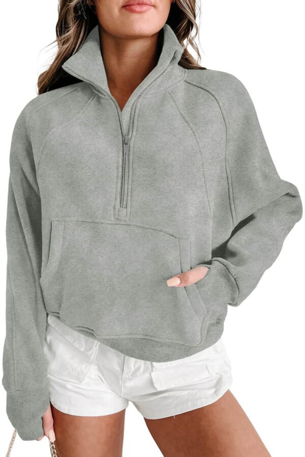 Gray Zip Up Stand Collar Ribbed Thumbhole Sleeve Sweatshirt