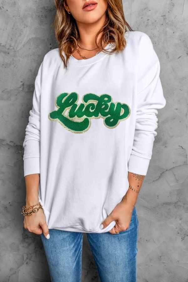 White Shiny Trim Chenille Lucky Pattern Sweatshirt