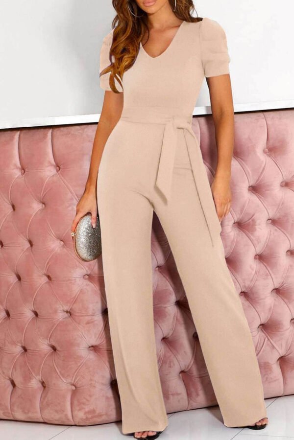 Apricot Straight Leg Knotted High Waist Short Sleeve Jumpsuit