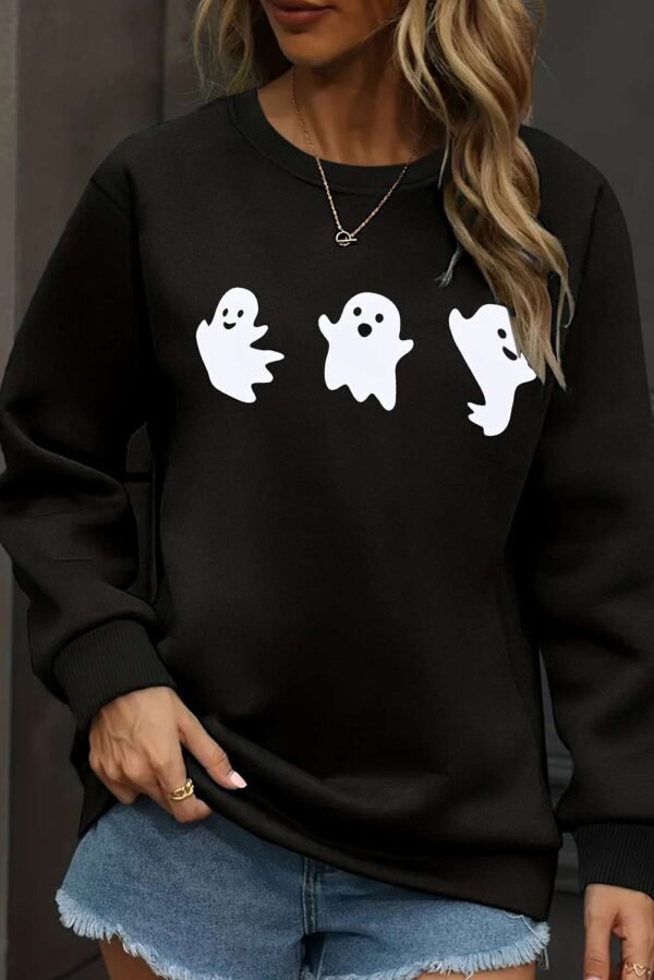 Black Halloween Ghosts Print Round Neck Sweatshirt