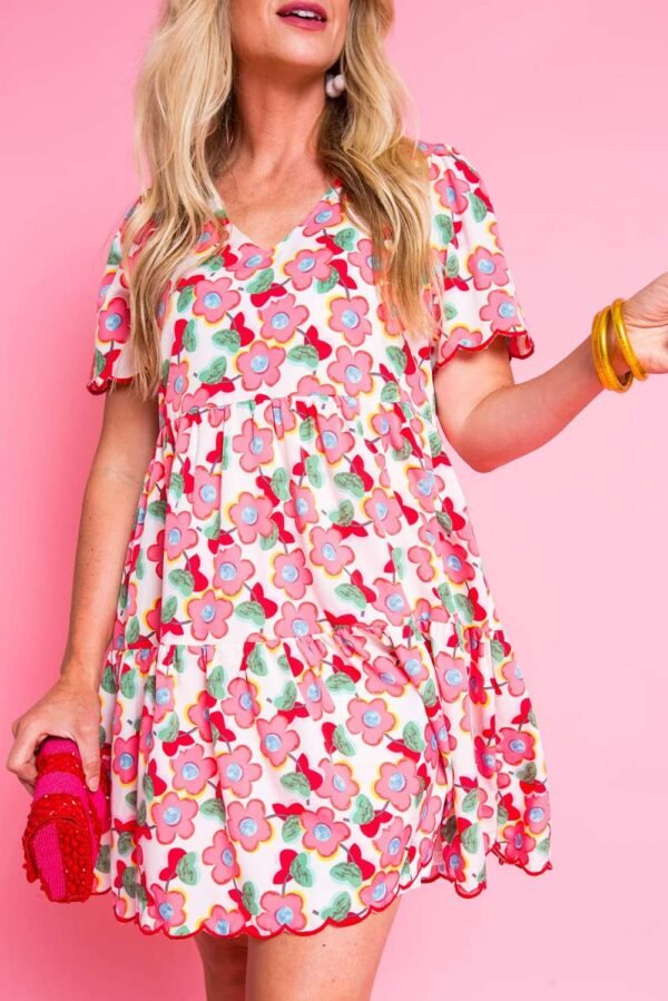 Multicolour Flower Print Scalloped Short Sleeve Ruffled Dress