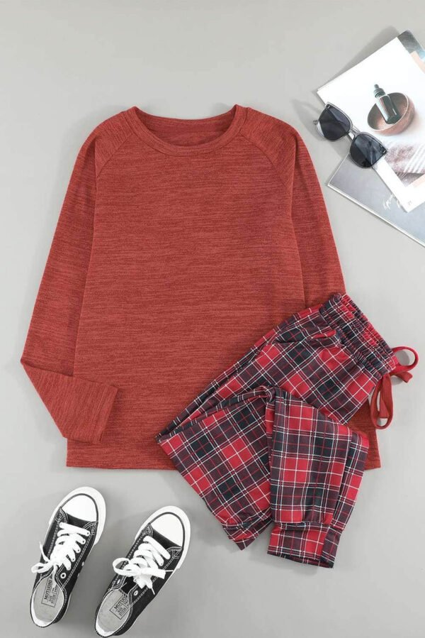 Solid Long Sleeve Top and Plaid Pants Loungewear