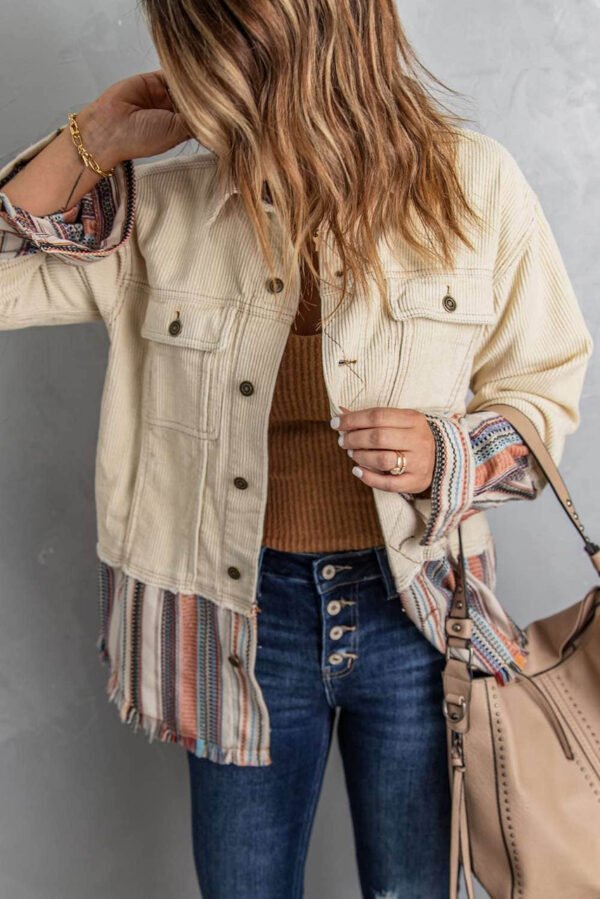 Button Up Pockets Striped Color Block Corduroy Jacket