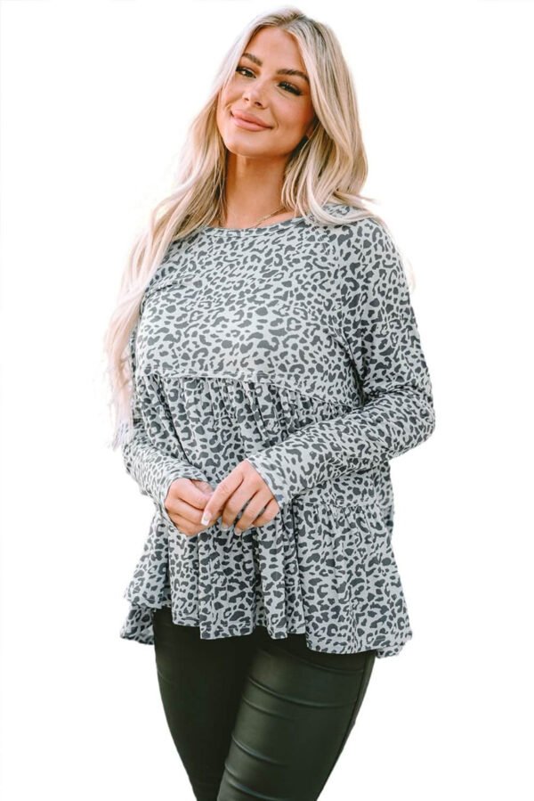 Leopard Print Long Sleeve Ruffled Babydoll Blouse