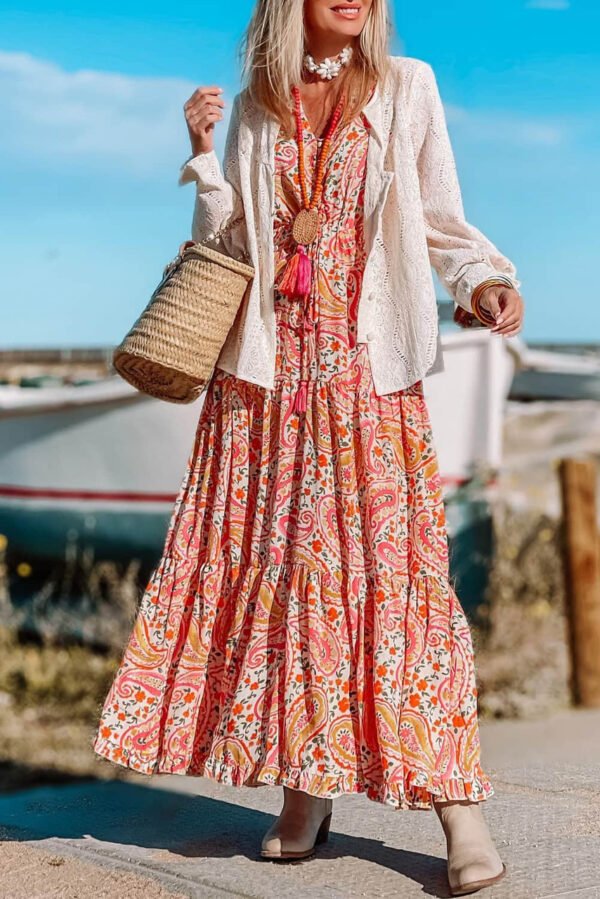 Orange Boho Holiday Paisley Print Tiered Long Sleeve Maxi Dress