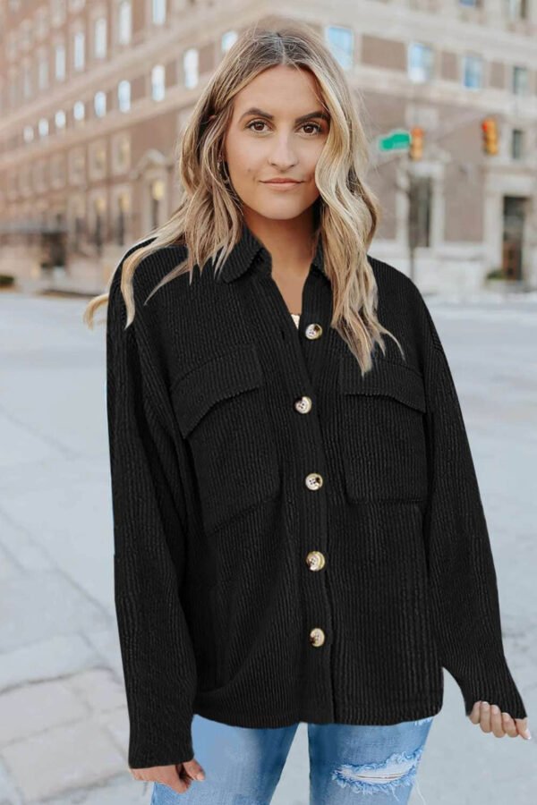 Black Pocketed Button Ribbed Textured Shacket