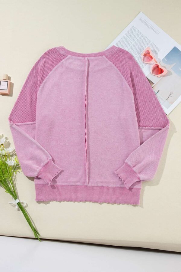 Pink Waffle Knit Patchwork Exposed Seam Raglan Sweatshirt