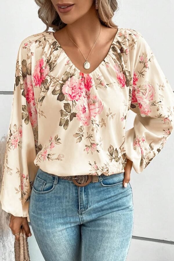 Beige Floral Print Lantern Sleeve V-Neck Blouse