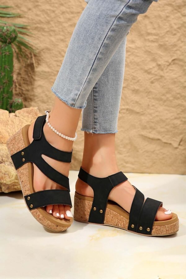 Black Cut Out Suede Velcro Wedge Sandals