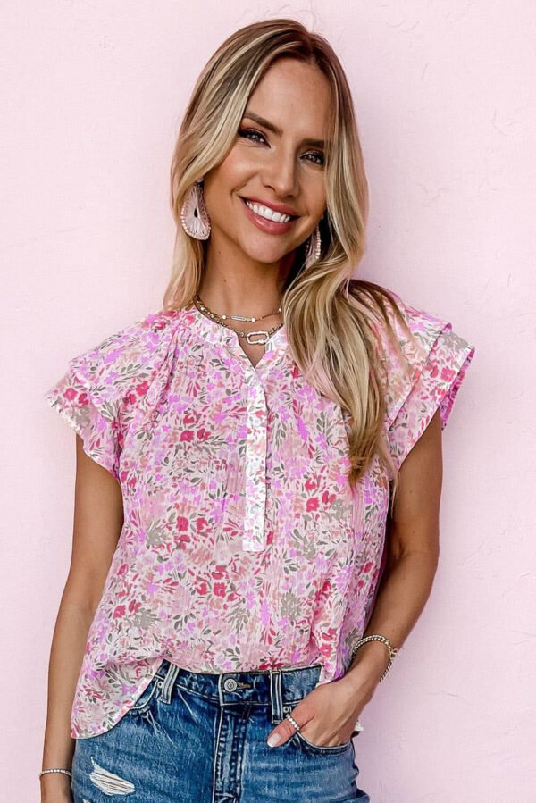 Pink Floral Mandarin Collar Top