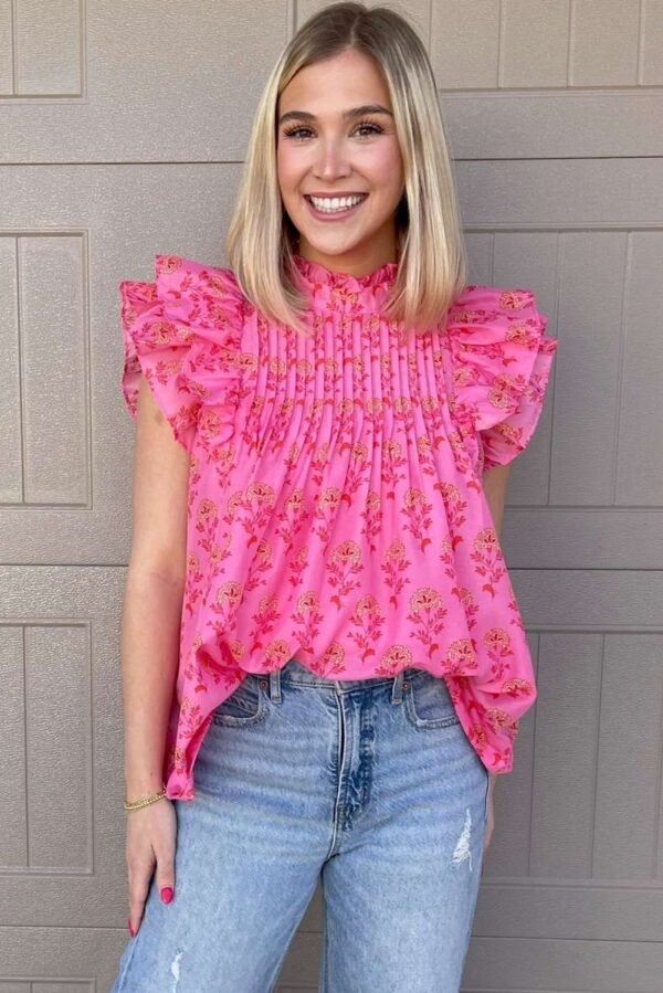 Rose Red Floral Print Pleated Ruffled Flutter Sleeve Blouse