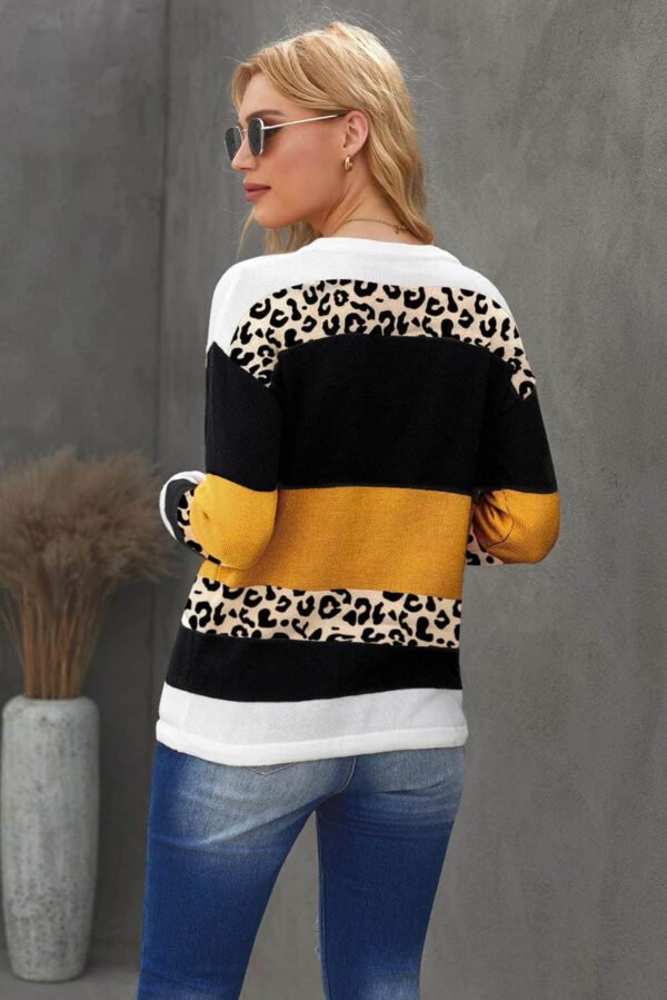 Orange Crewneck Leopard Color Block Knit Pullover Sweater