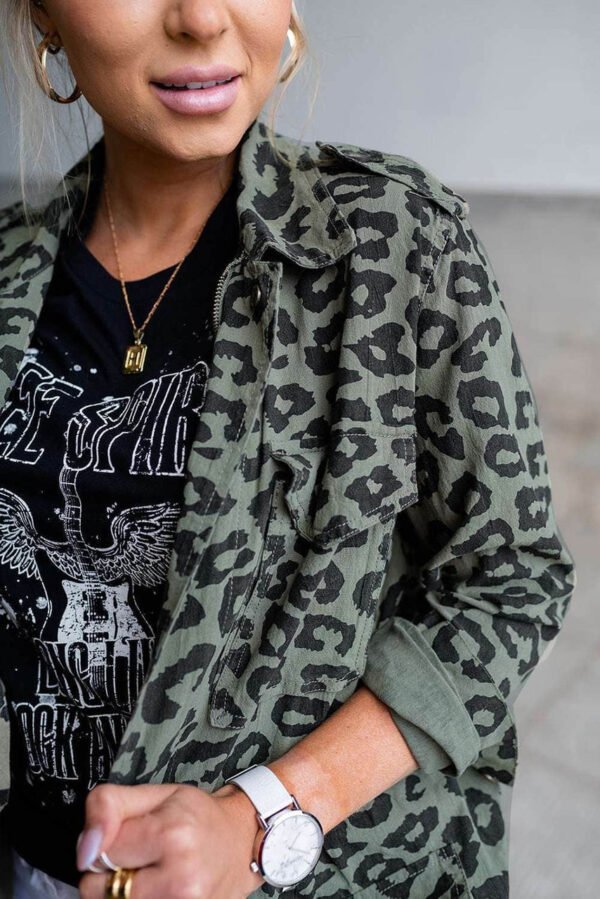 Green Lapel Collar Zipper Drawstring Leopard Coat