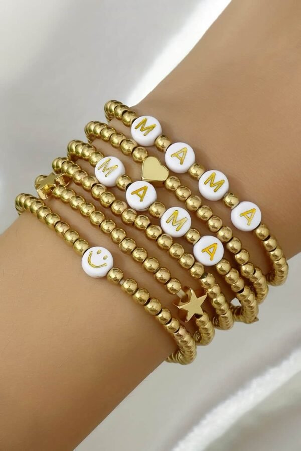 Gold 6Pcs MAMA Heart Star Shape Beaded Bracelet Set