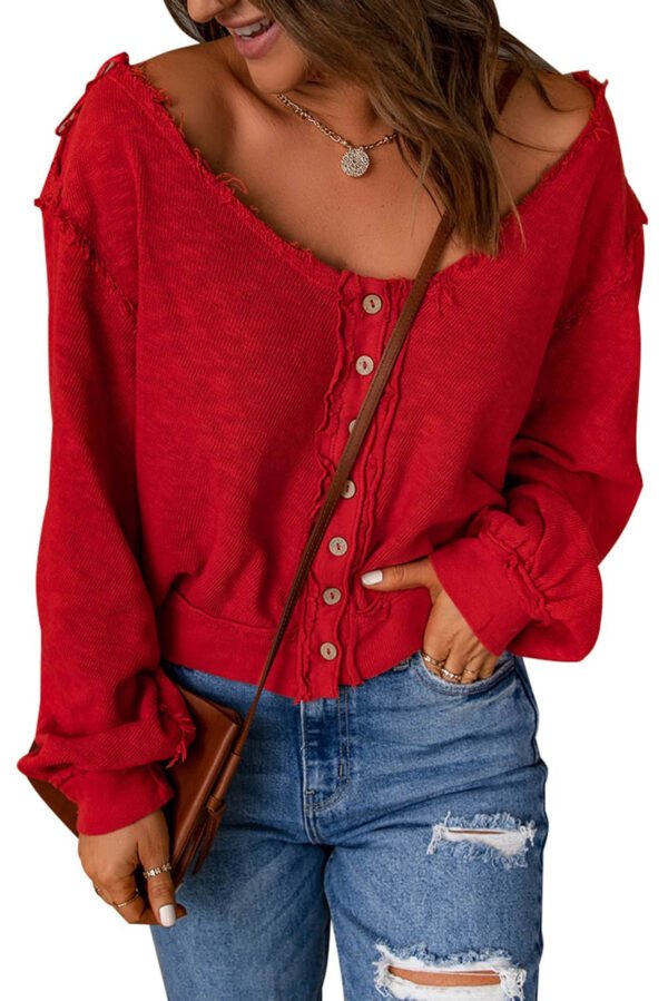 Button Front Distressed Knit Patched Top