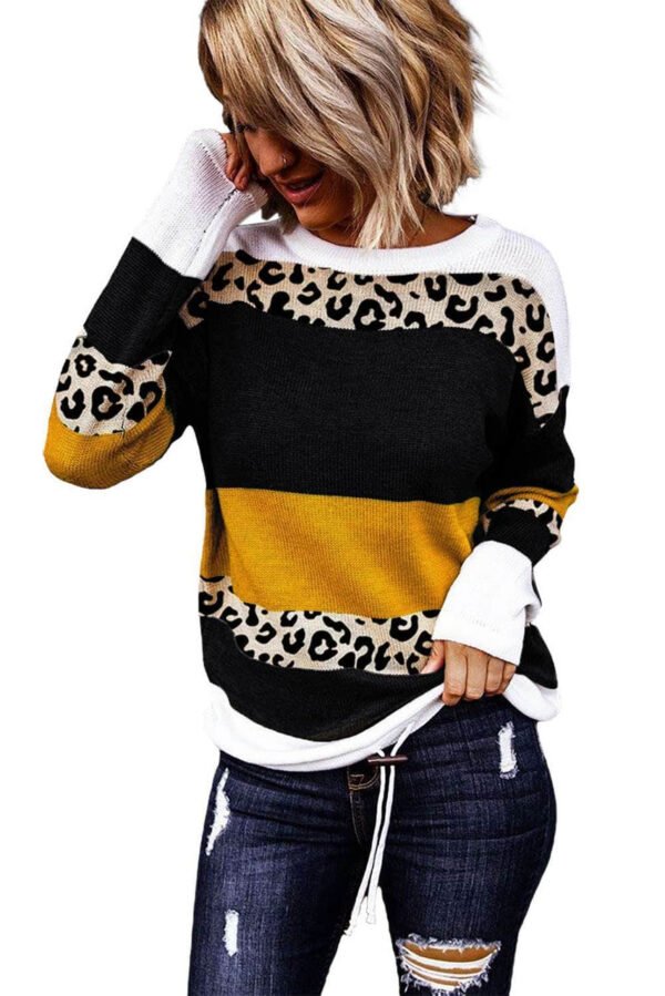 Orange Crewneck Leopard Color Block Knit Pullover Sweater