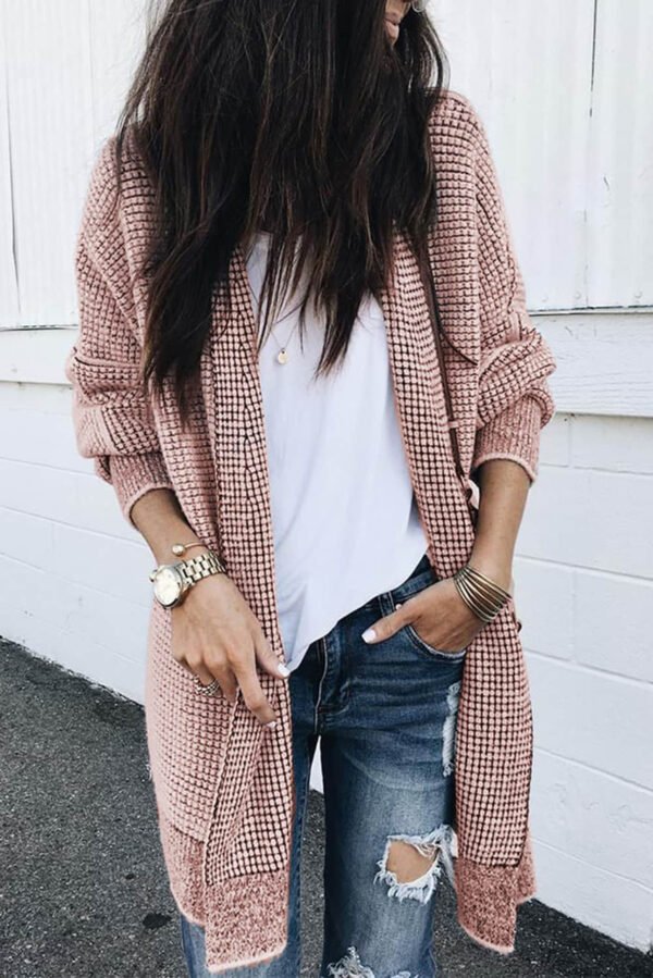 Pink Plaid Knitted Long Open Front Cardigan