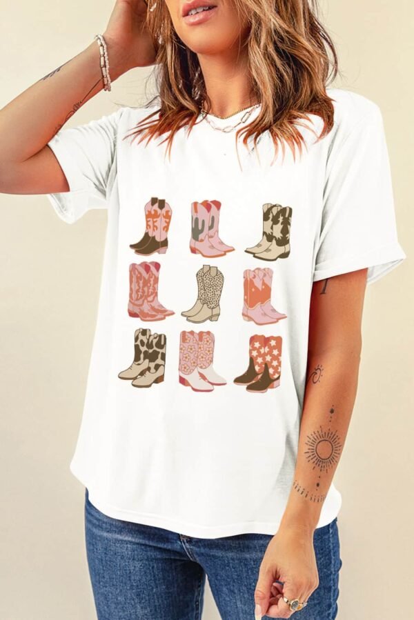 White Western Cowboy Boots Print Round Neck T Shirt