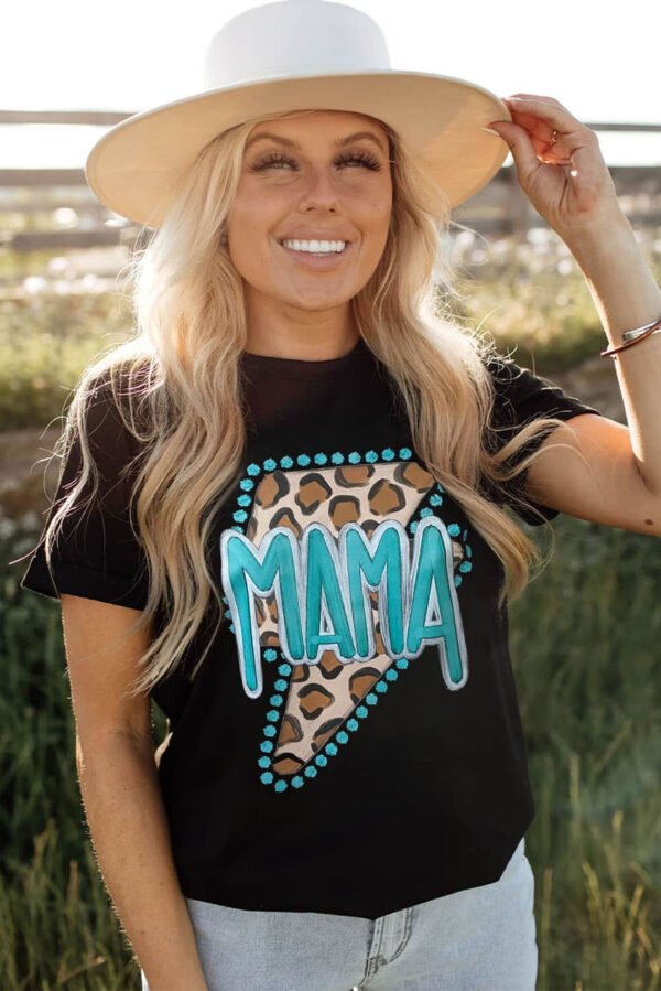 Black Western Fashion MAMA Leopard Lightening Graphic Tee