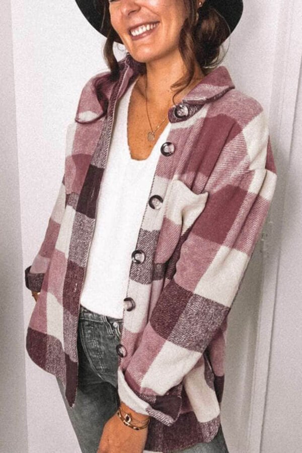 Plaid Color Block Buttoned Long Sleeve Jacket with Pocket