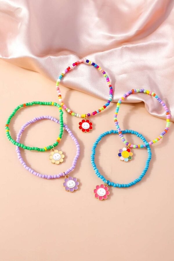 Light Blue 5pcs Smiley Flower Pendant Beaded Bracelet Set