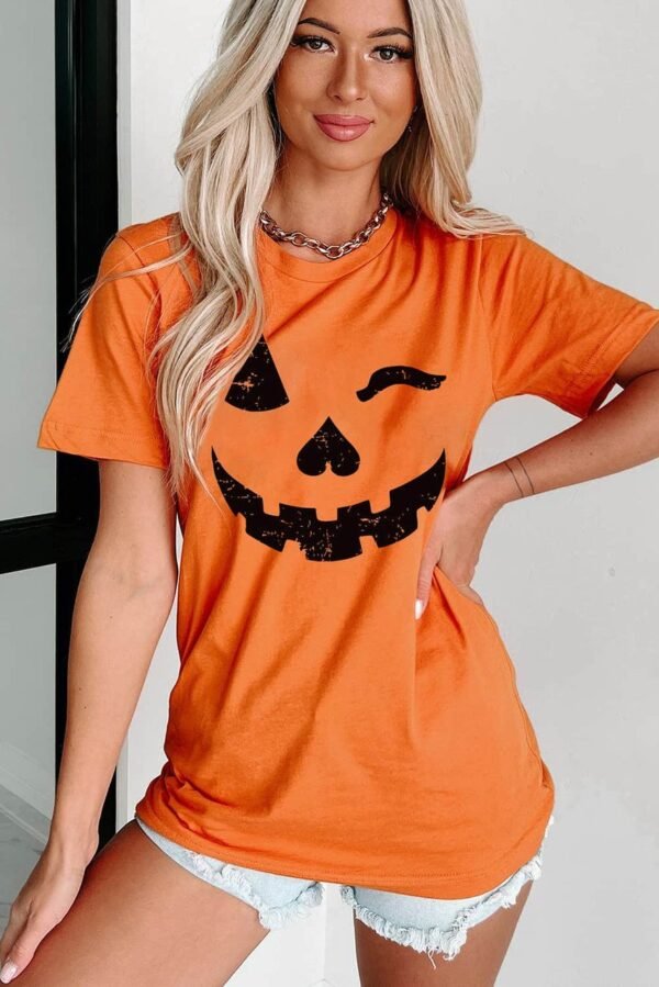 Orange Halloween Pumpkin Face Print Crew Neck T Shirt