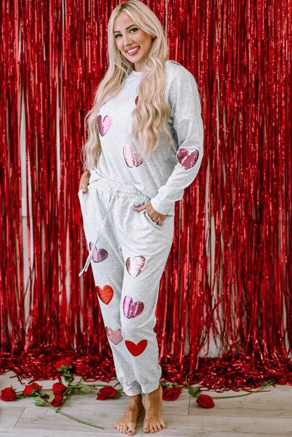 Gray Sequin Valentine Heart Pattern Pullover Jogger Pants Set