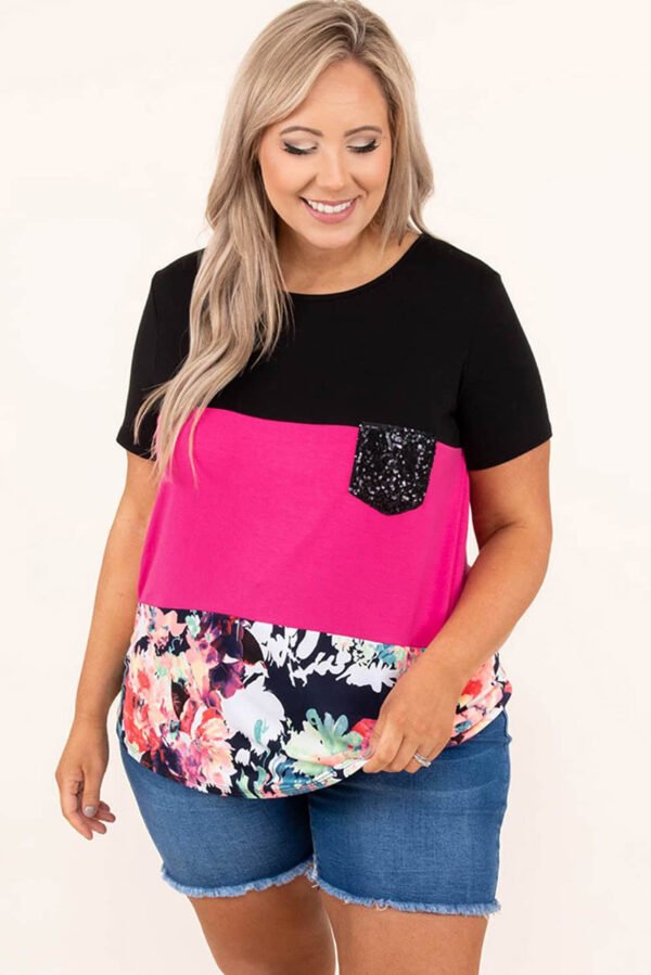 Black Floral Color Block Sequin Pocket Plus Size Tee